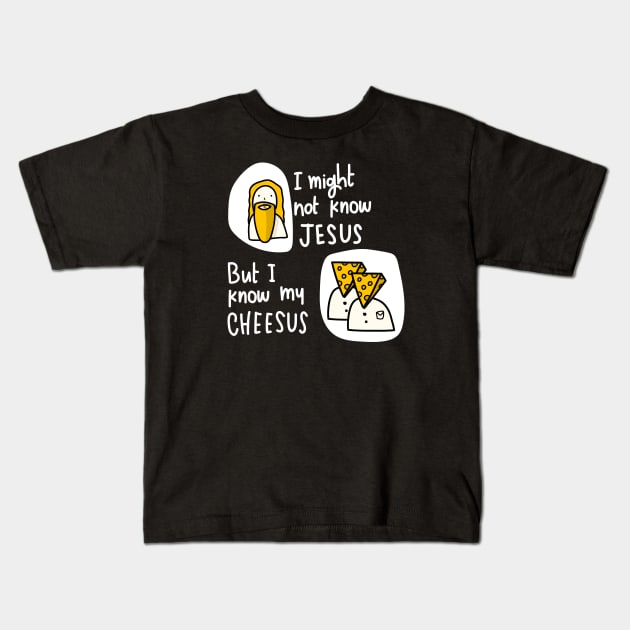 Jeesus Vs Cheeses in white Kids T-Shirt by Think Beyond Color